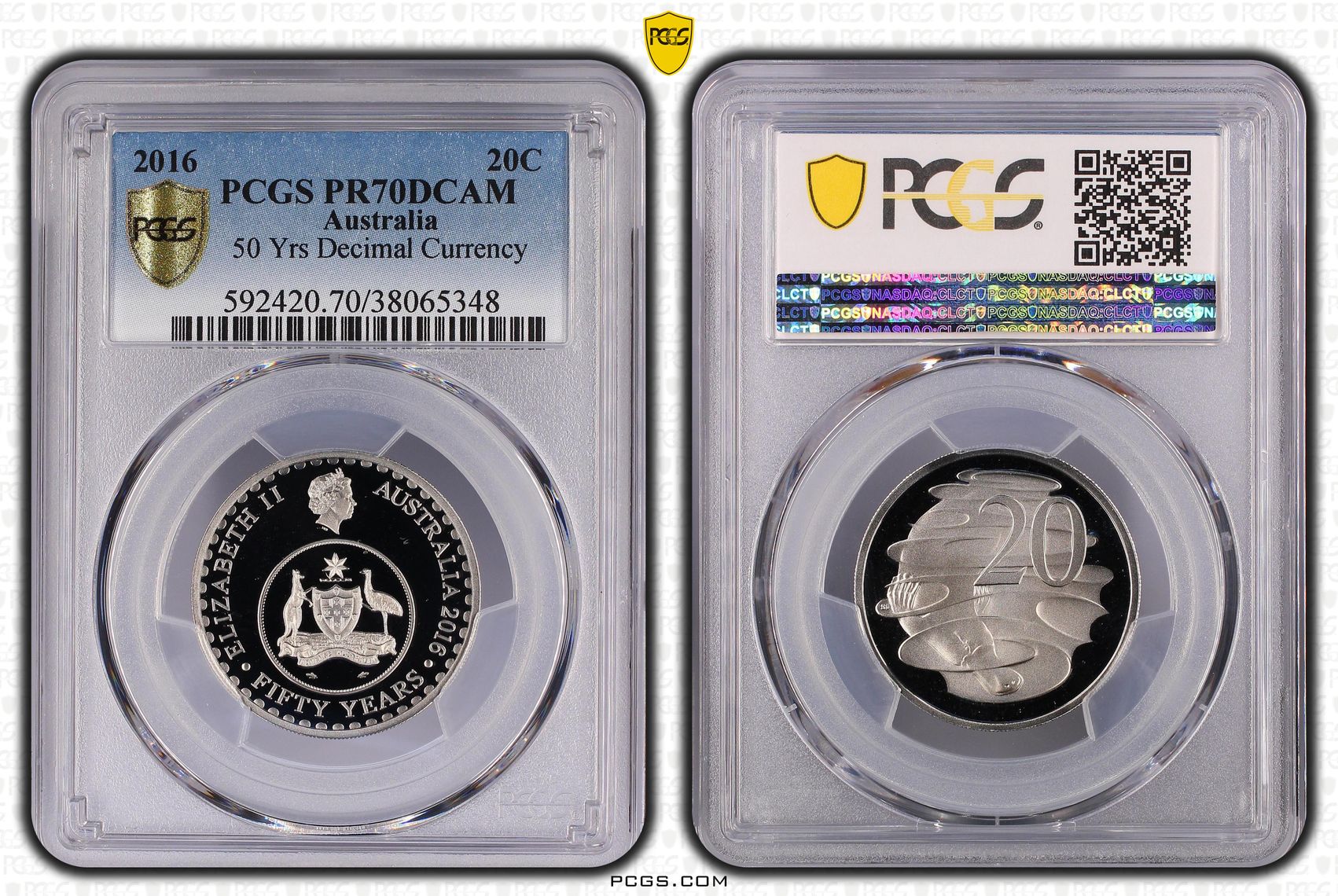 50 Yrs Decimal Currency, Twenty Cent, 2016, PCGS PR70DCAM