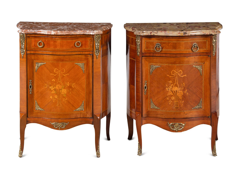 A Pair of Louis XV/XVI Transitional Style Parquetry and Marquetry Marble-Top Small Cabinets