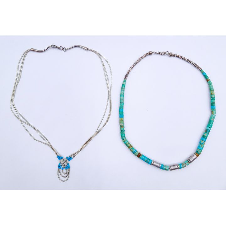 Box 2pc Southwest Turquoise & Silver Heishi Bead Necklaces