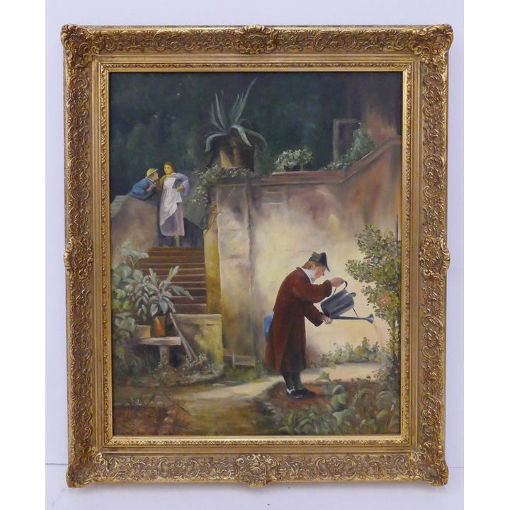 German Garden Genre Scene Oil Painting in Gilt Frame- 24x20''