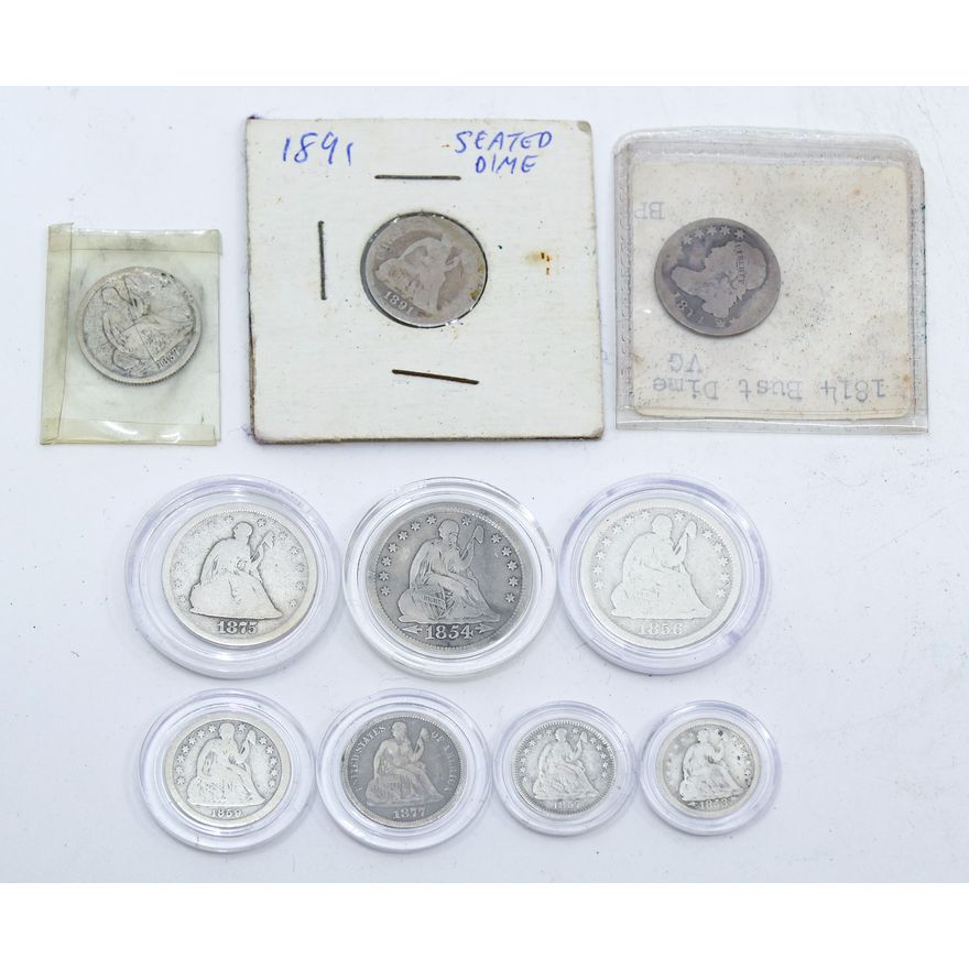 Box 10pc US Seated Liberty Silver Coins - Quarters, Dimes, Half Dimes
