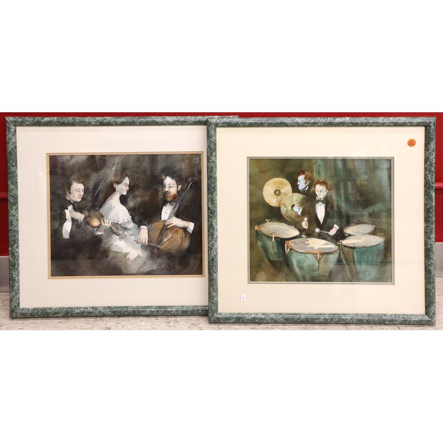 2pc W. Agee (WA) Watercolors of Musicians Framed 20''x21''