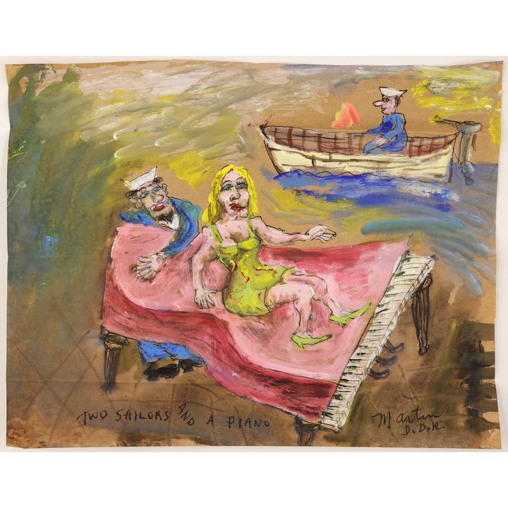 James Martin ''Two Sailors and a Piano'' Tempera on Paper Bag 11''x14''