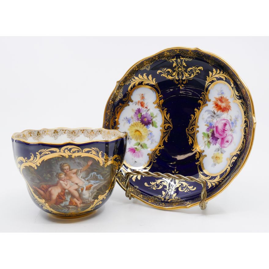 Meissen 'Leda mit Schroan Boucher' (Leda and the Swan, after Francois Boucher) Handpainted Cobalt Porcelain Teacup & Saucer