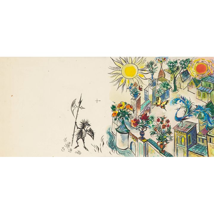 Jan Marcin Szancer | Ilustracja do książki "Baśni o stalowym jeżu" - mury miasteczka, 1963