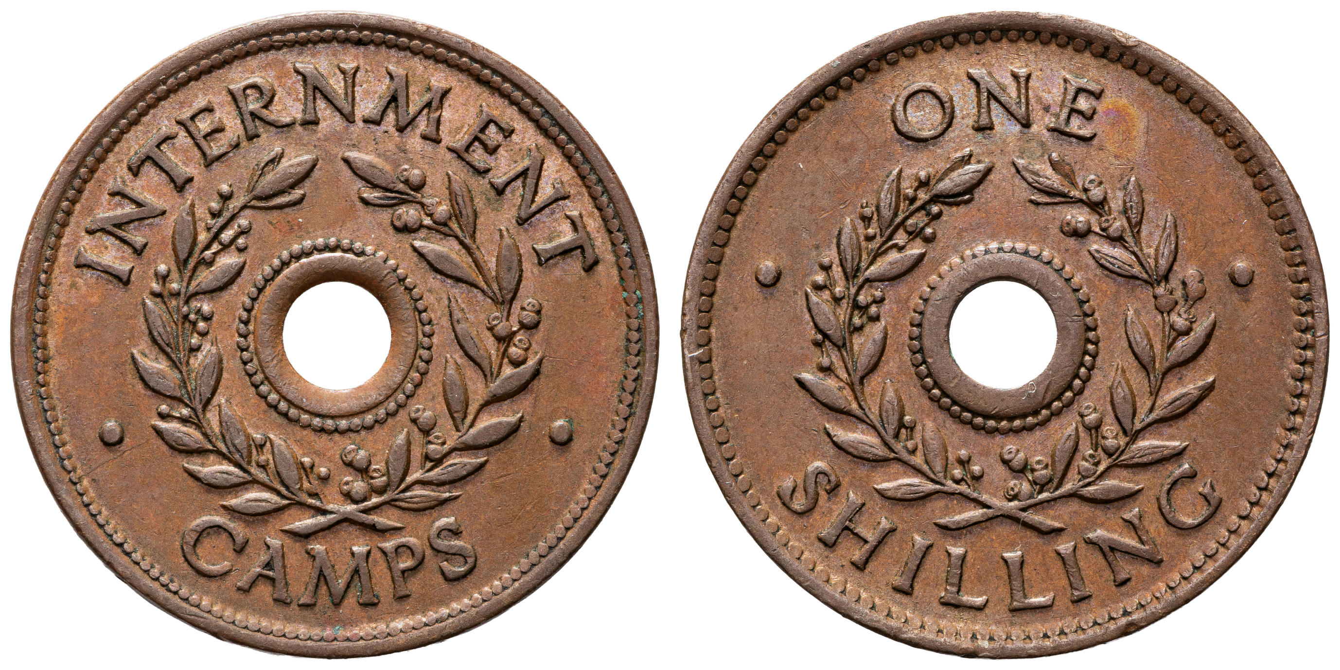 146 · Department of Army Internment Camp Currency Token, One Shilling, WWII, VF