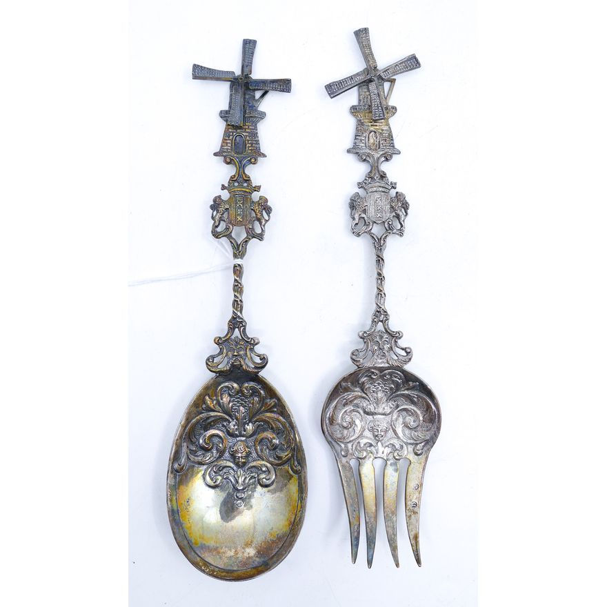 Pair Hanau 800 Silver Ornate Windmill Spoon & Fork Set 8.5'' - 160 Grams TW