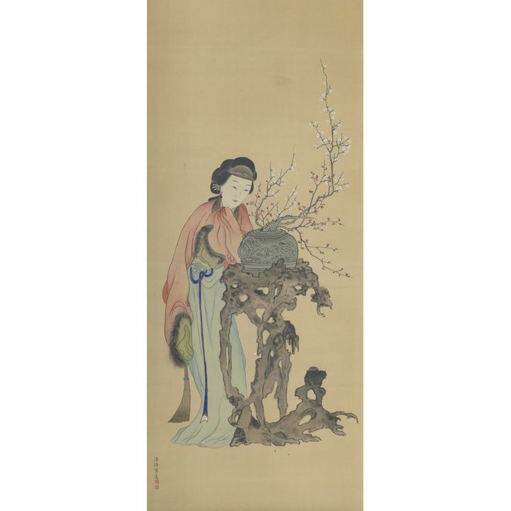 Old Japanese Courtesan with Plant Scroll Painting 48''x20'' Image
