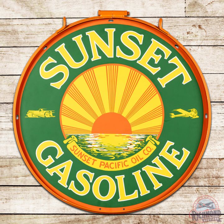 Sunset Pacific Oil Co. Gasoline 30" Double Sided Porcelain Sign w/ Ring