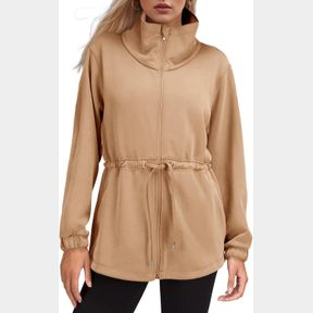 FISOEW WOMEN'S ZIP UP SWEATSHIRT LONG SLEEVE STAND NECK DRAWSTRING WAIST WARM NO HOOD SWEATSHIRT KHAKI