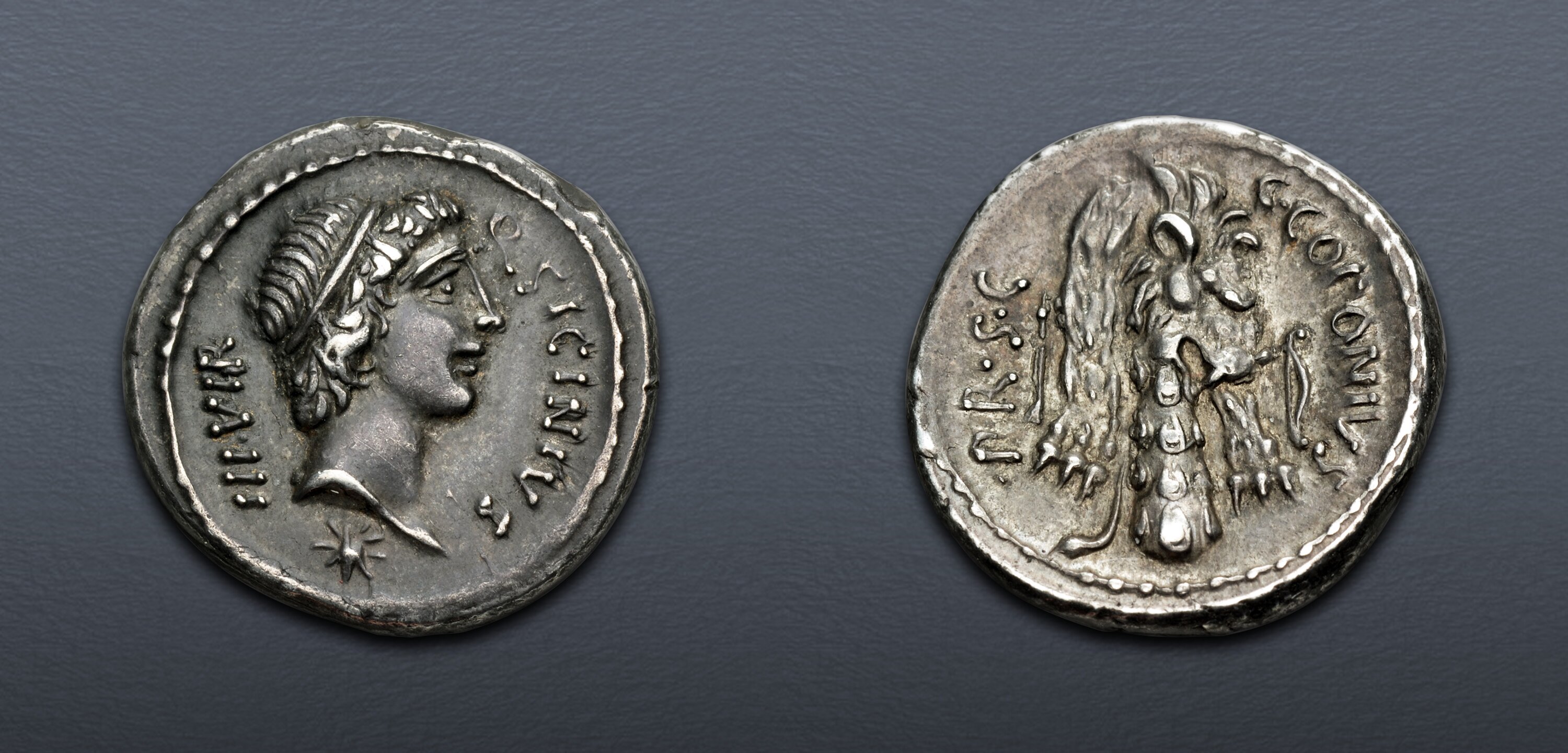 The Pompeians. Q. Sicinius and C. Coponius. 49 BC. AR Denarius (19mm, 3 ...