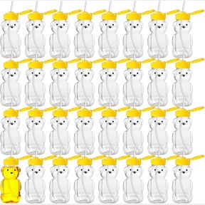THENSHOP 64 PCS 5 OZ PLASTIC HONEY BEAR BOTTLE AND 64 PCS STRAWS EMPTY HONEY SQUEEZE BOTTLE HONEY BEAR CUP CLEAR HONEY CONTAINERS