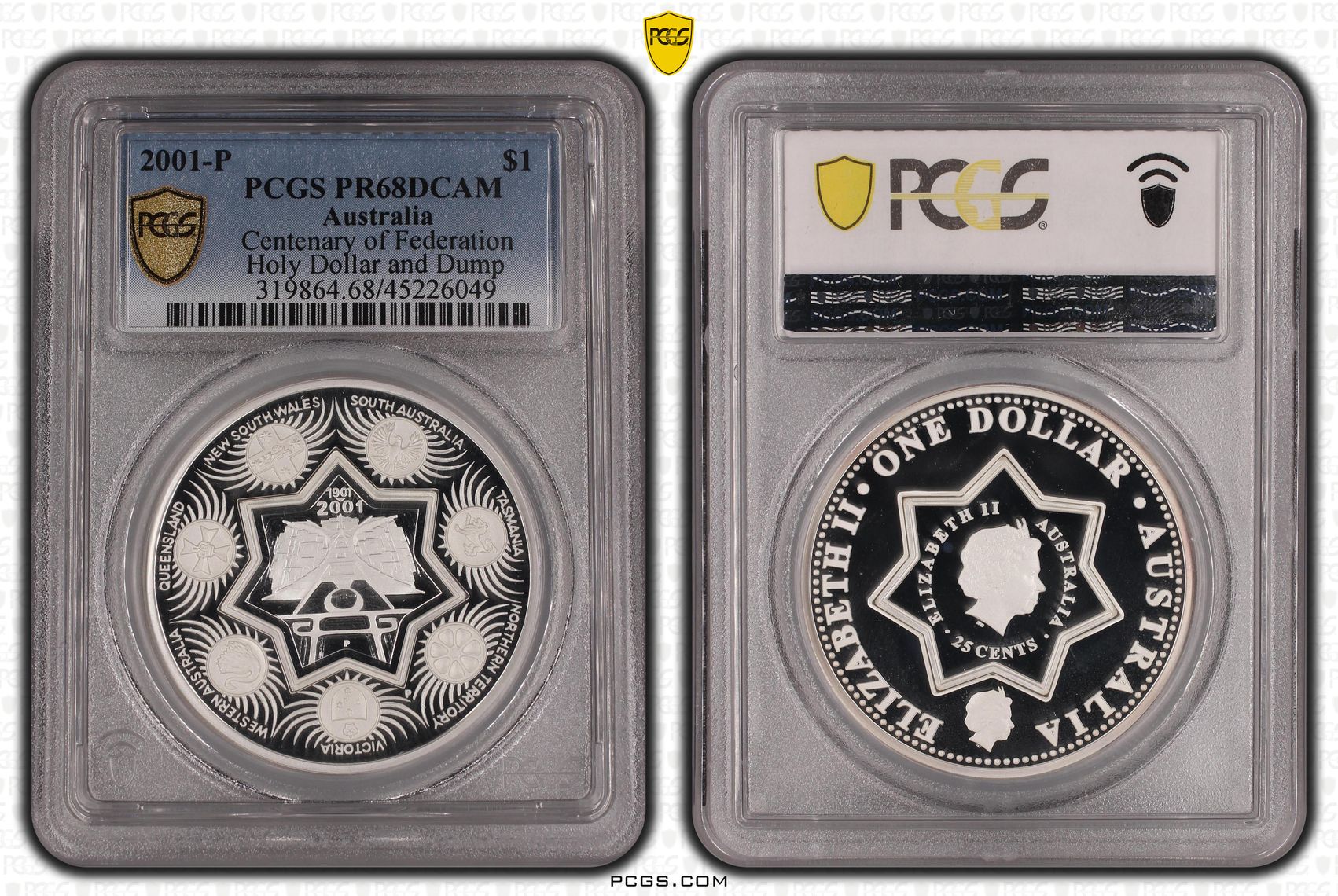 2001-P Australia One Dollar, $1 Silver Centenary of Federation - Holey Dollar and Dump PCGS - PR68DCAM -049