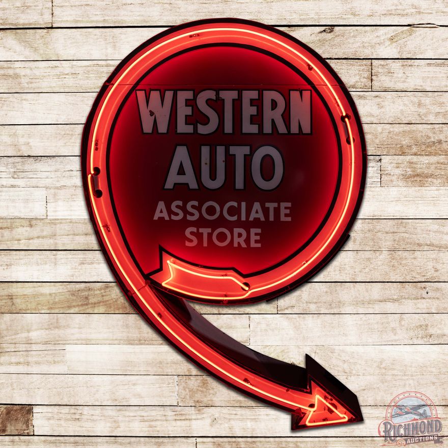 Western Auto Associate Store Die Cut Factory 7.5' Double Sided Porcelain Neon Sign w/ Arrow