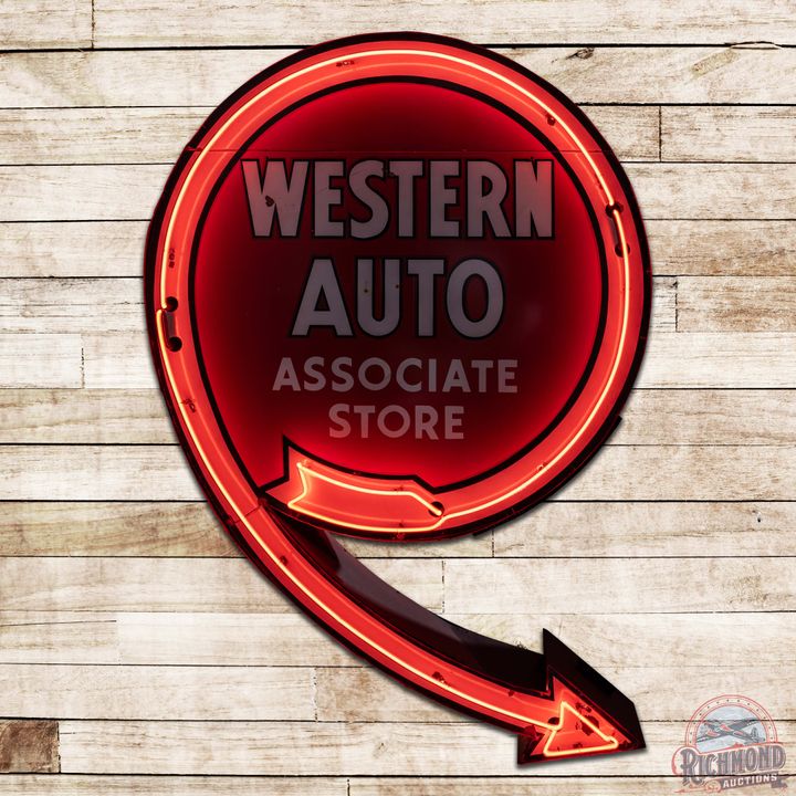 Western Auto Associate Store Die Cut Factory 7.5' Double Sided Porcelain Neon Sign w/ Arrow