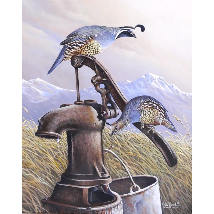 Keith Warrick (WA) 'Looking for a Drink (Quail & Pump)' Acrylic on Masonite Painting. 1983. Framed. Painting measures 20x16''