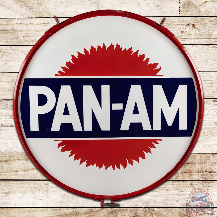 Rare Pan-Am Gasoline 42' Double Sided Porcelain Sign w/ Ring