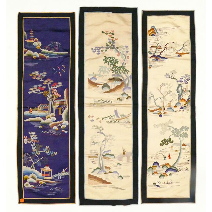 3pc Old Chinese Silk Embroidered Landscape Panels 36''x10.5''