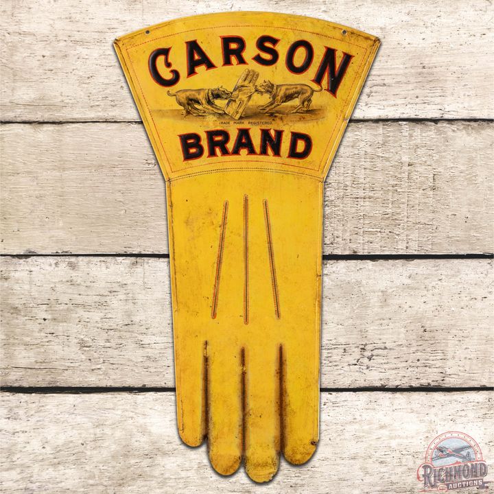 Rare Carson Brand Gloves Die Cut DS Tin Sign w/ Bulldogs