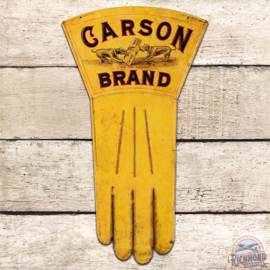 Rare Carson Brand Gloves Die Cut DS Tin Sign w/ Bulldogs