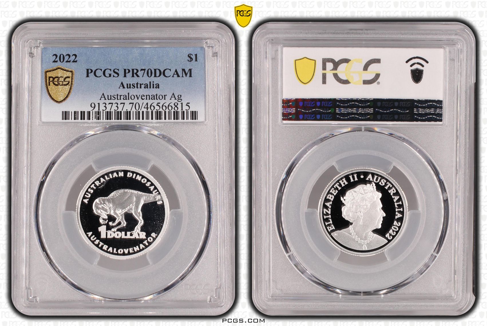 Elizabeth II, Australovenator Silver, POP 2/0, One Dollar, 2022, PCGS PR70DCAM