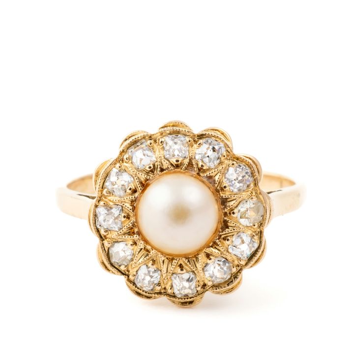 Vintage Old Cut Diamond & Pearl Ring 9ct
