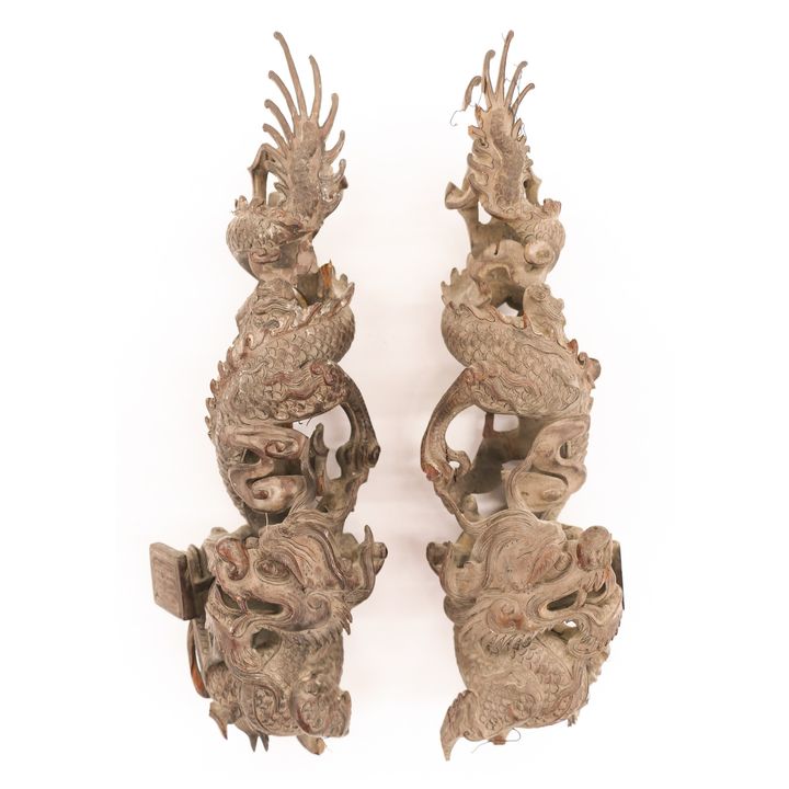 Pair Chinese Qing Rosewood Dragon Ornaments