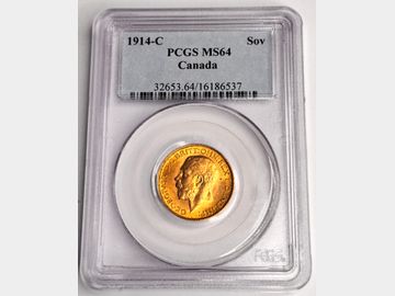 1914 GEORGE V CANADA MINT GOLD SOVEREIGN MS64 (EARLY LABEL PCGS)
