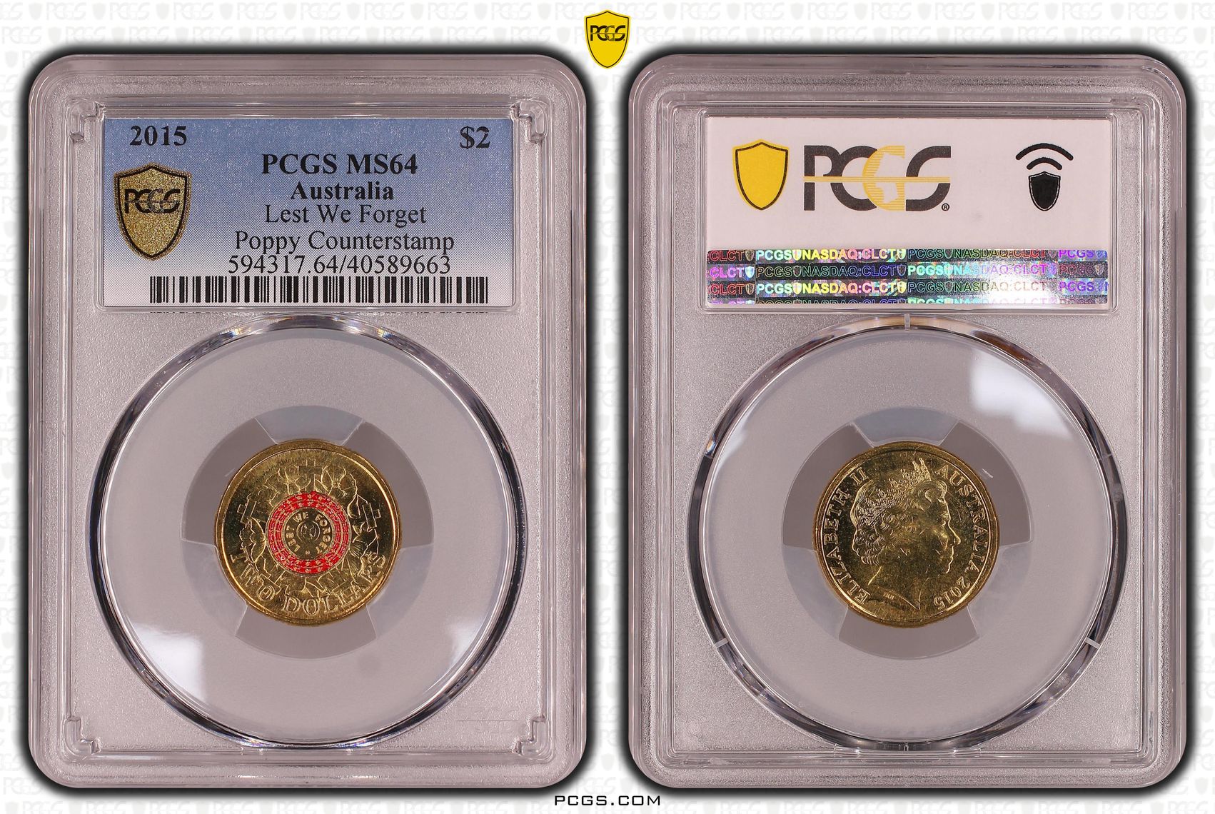 2015 Australia Two Dollar, $2 Lest We Forget Poppy counterstamp PCGS - MS64 -663