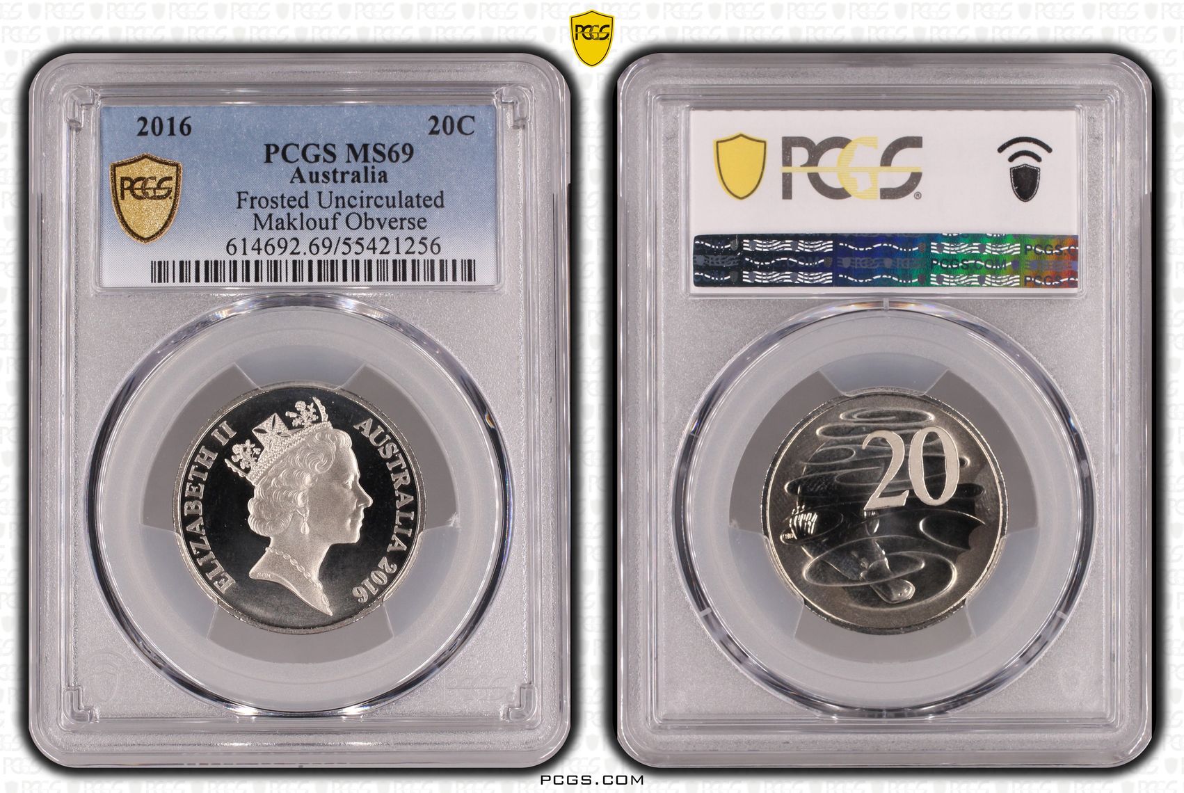 Frosted Uncirculated Maklouf Obverse, Twenty Cent, 2016, PCGS MS69