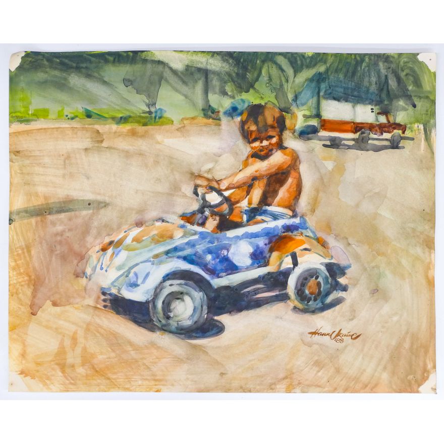 John Hannukaine ''Boy in Toy Car'' 1983 Signed Watercolor