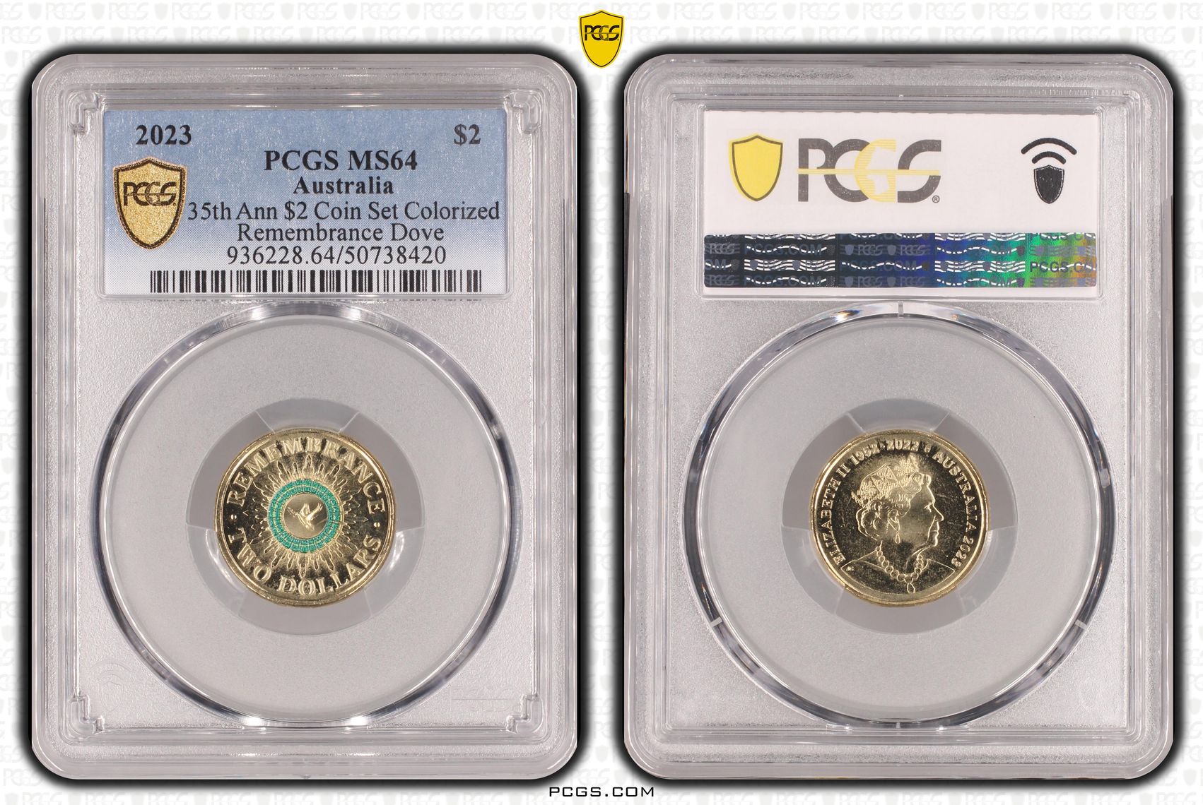 35th Ann $2 Coin Set Colorized Remembrance Dove, Two Dollar, 2023, PCGS MS64