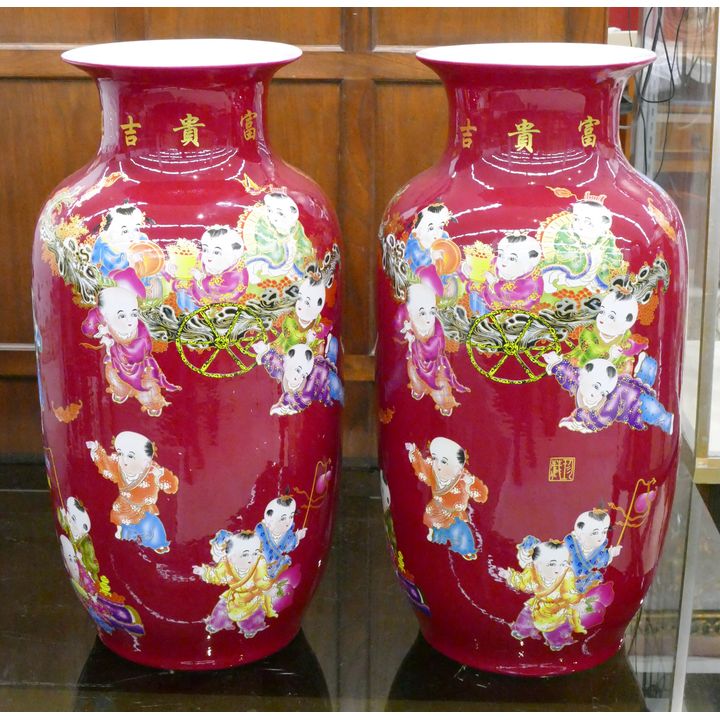 Pair Chinese Large Children Porcelain Vases 24''