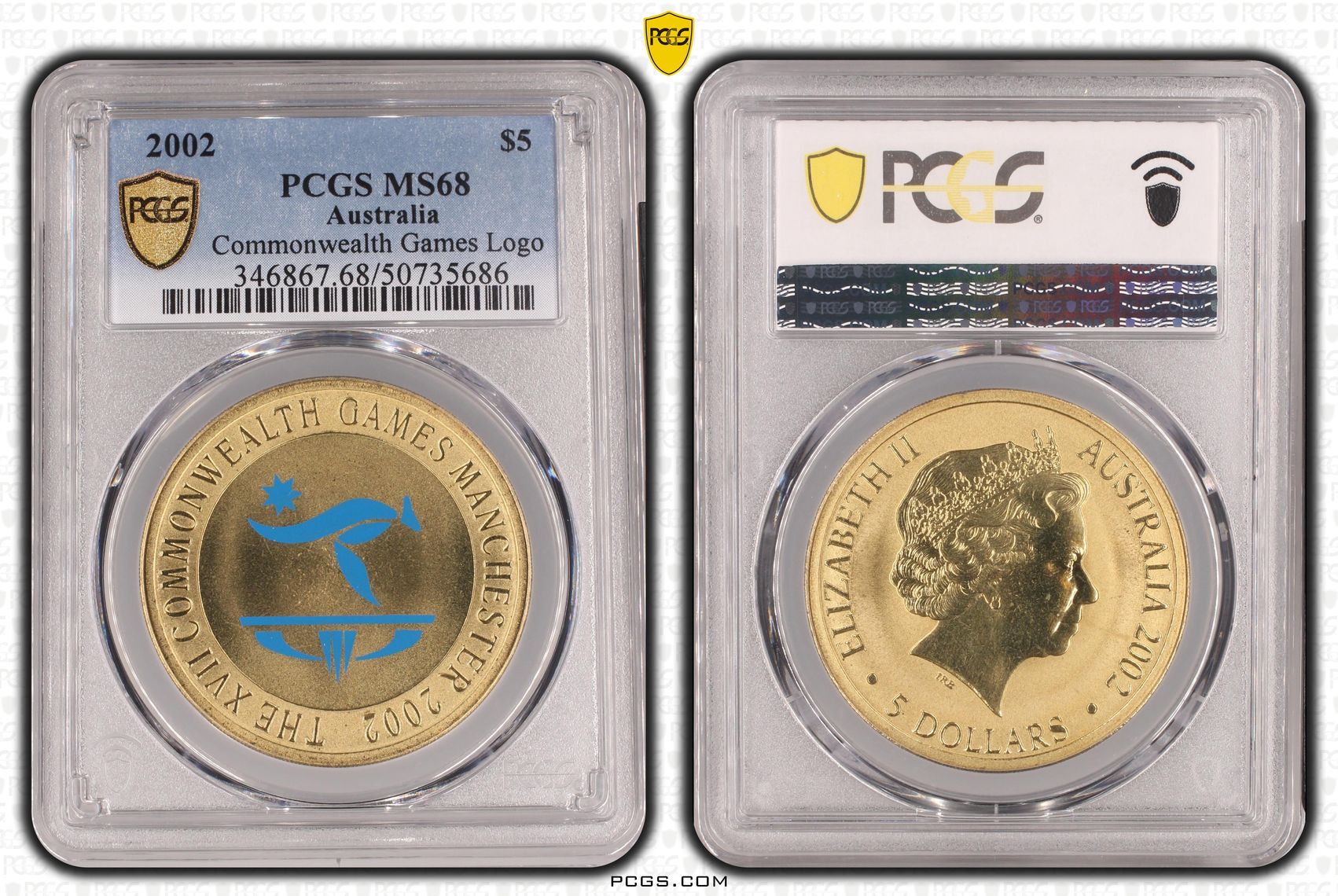 Commonwealth Games Logo POP 7/0, Five Dollar, 2002, PCGS MS68