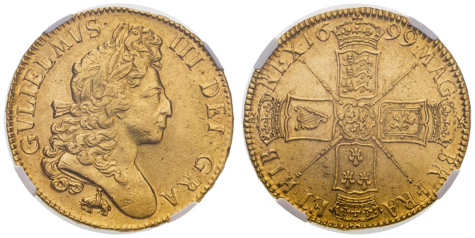1699 Gold 5 Guineas Elephant & Castle NGC AU 53 | The Coin Cabinet