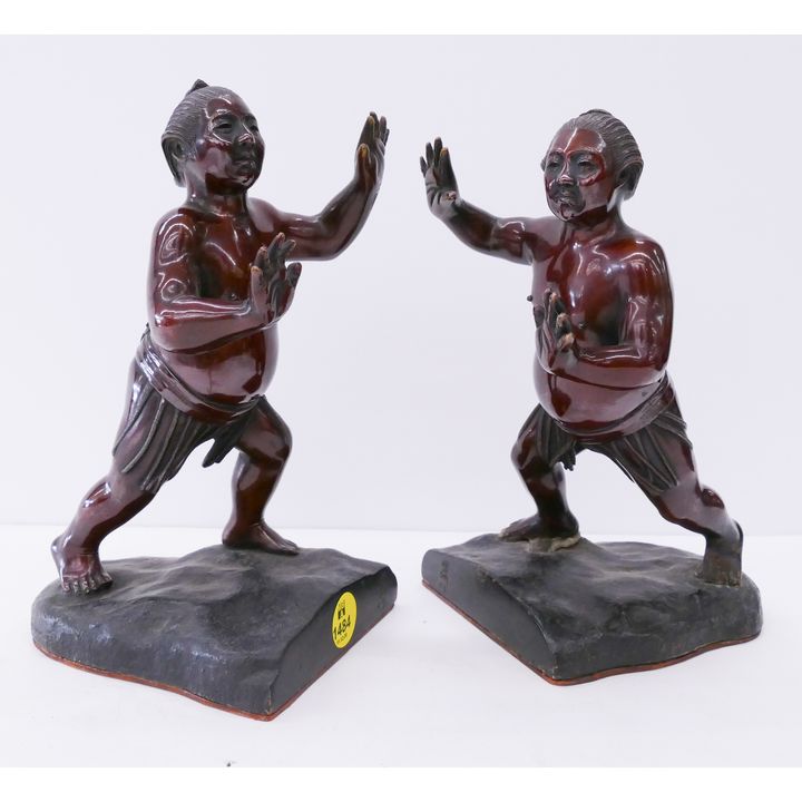 Pair Old Japanese Bronze Sumo Wrestler Bookends- 7.5''- one as is