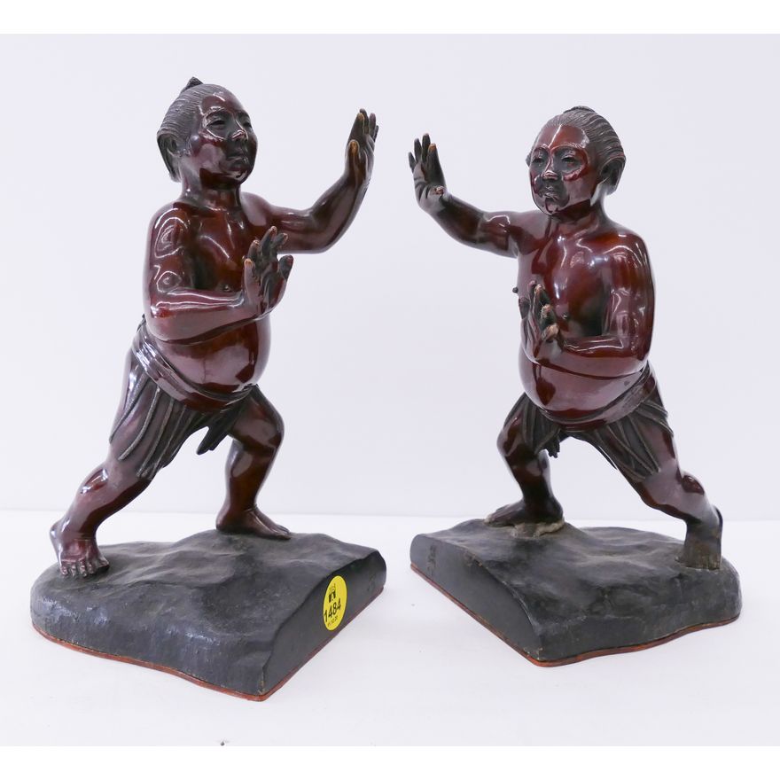 Pair Old Japanese Bronze Sumo Wrestler Bookends- 7.5''- one as is