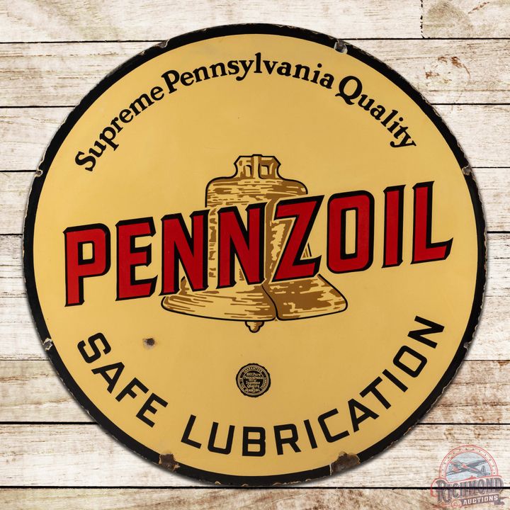 Pennzoil Safe Lubrication 42" Double Sided Porcelain Sign w/ "Brown Bell"