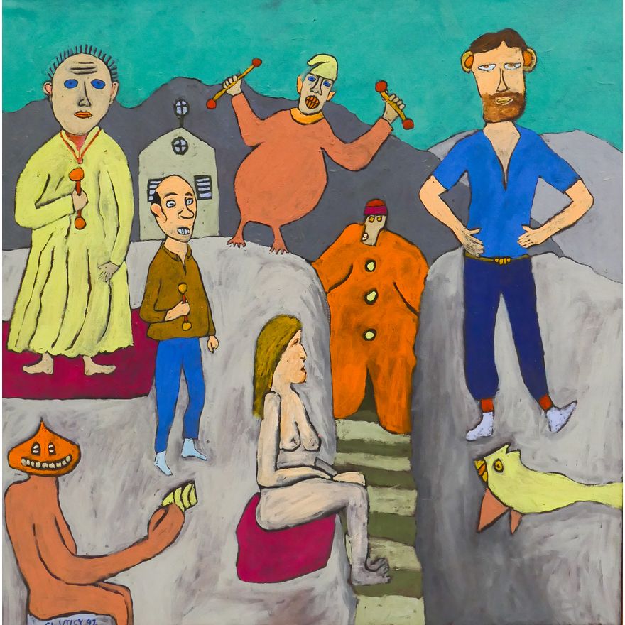 Claude Utley (1955-2021 Washington) 'The Family (Mountaineers Picnic)' 1992 Oil on Canvas- 30.5x30.5''