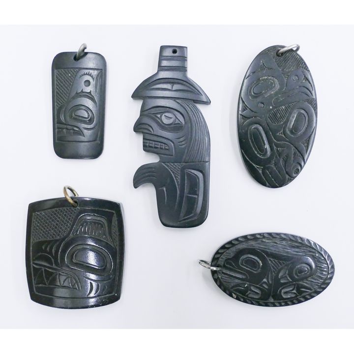 Box 5pc Northwest Coast Argillite Pendants 1.5'' to 2.5'' - Signed