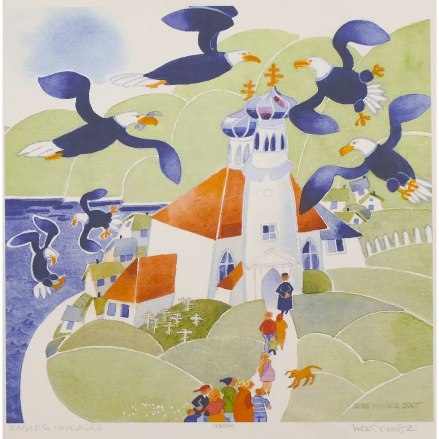 Rie Munoz ''Eagles, Unalaska'' 2007 Signed Print 15.75''x15.75'' Sheet.