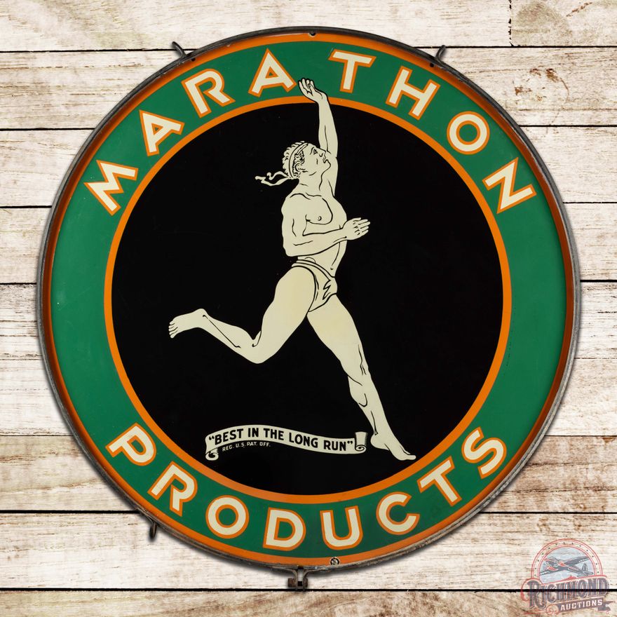 Marathon Products "Best in the Long Run" 48" Double Sided Porcelain Sign w/ Ring "Running Man"