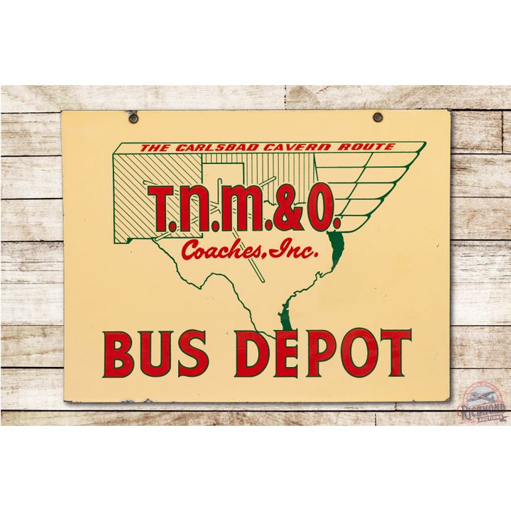 Texas TNM & O Coaches Inc Carlsbad Cavern Route Bus Depot Double Sided Porcelain Sign
