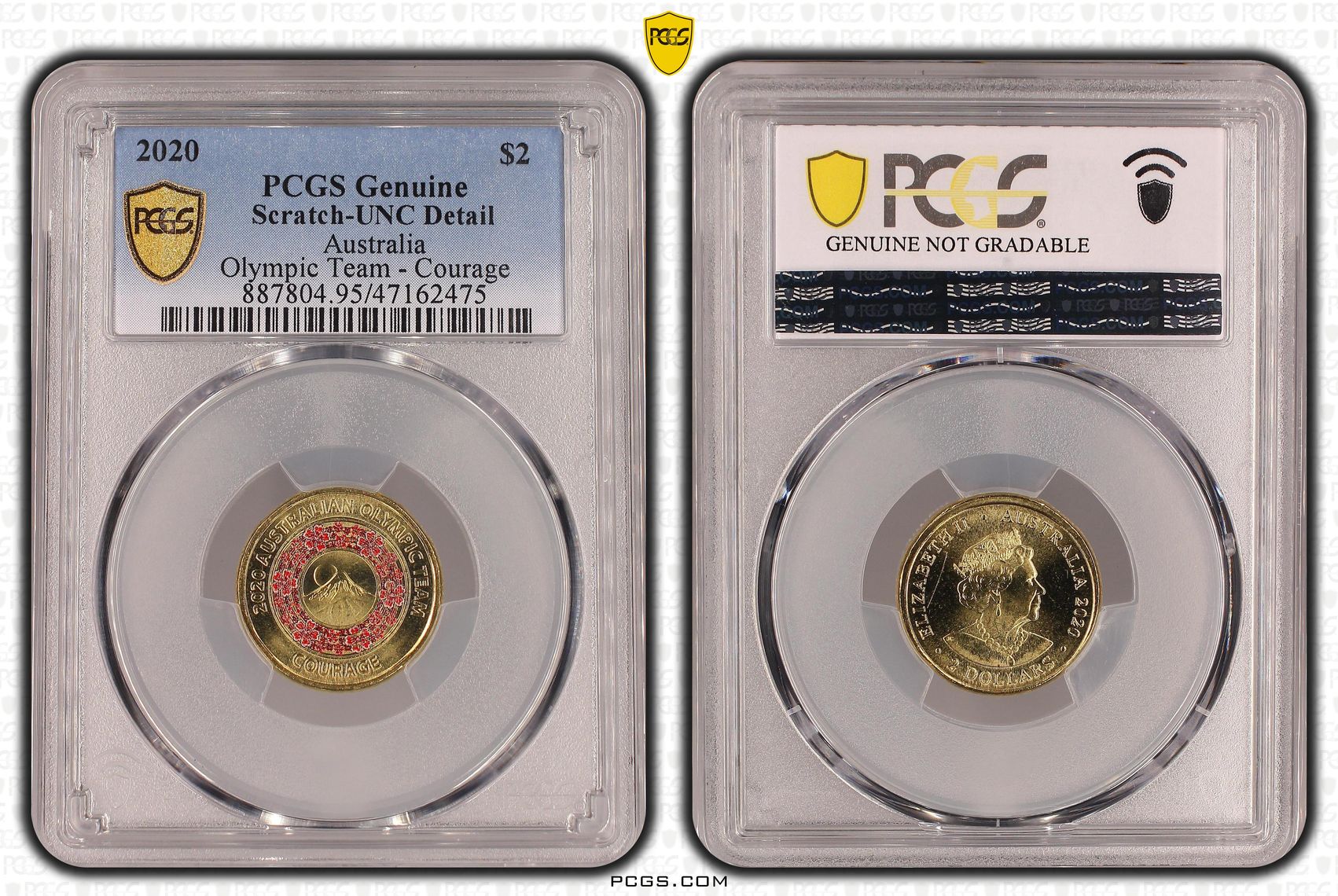 Olympic Team - Courage, Two Dollar, 2020, PCGS Genuine - UNC Details (95 - Scratch)