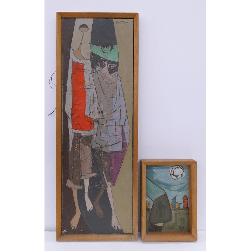 2pc S.K. Eaton MCM Oil Paintings- largest 38x13'' (one heavy flaking)