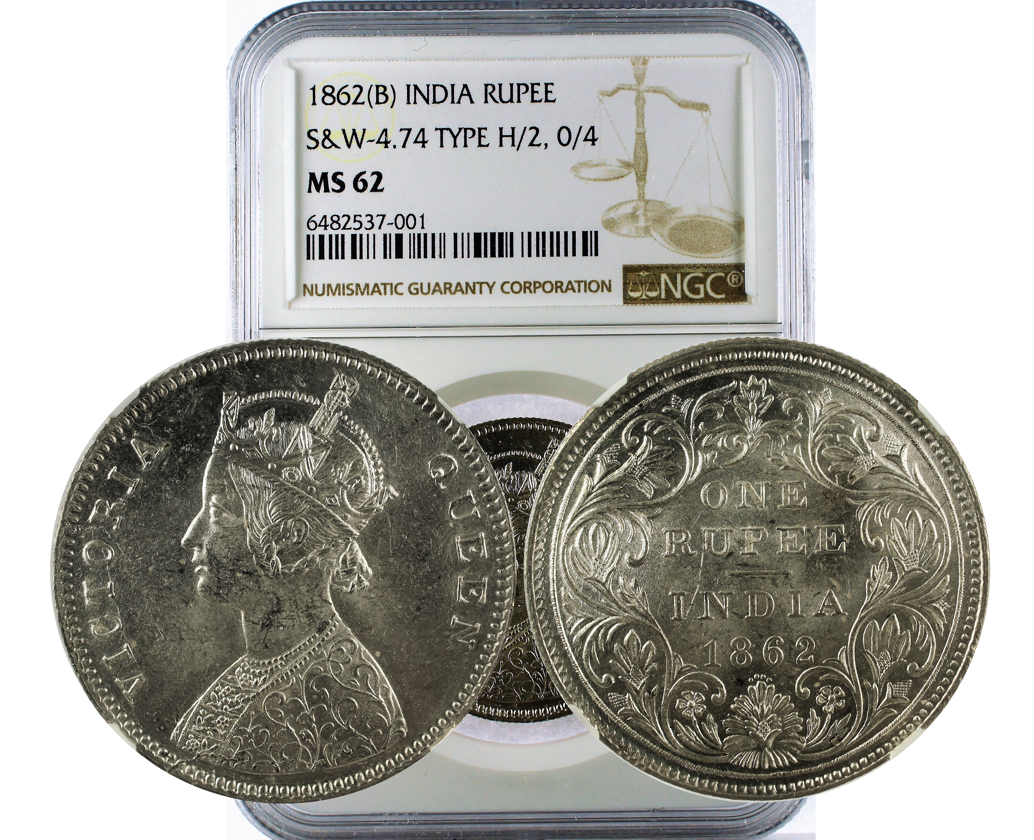 1862(B) INDIA S&W-4.74 TYPE H/2, 0/4 RUPEE MS 62