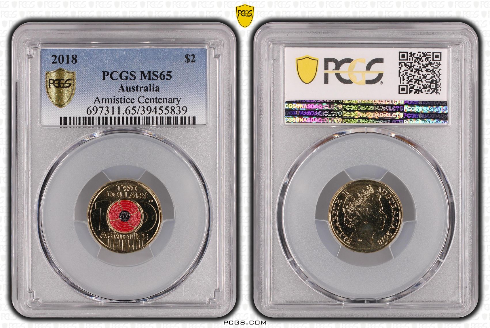 Armistice Centenary Colourised, Two Dollar, 2018, PCGS MS65