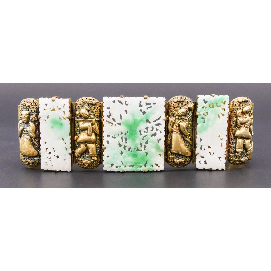 Old Chinese Pierced Jadeite Gilt Silver Bracelet 7"