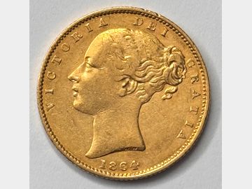 1864 VICTORIA #DIE 89 SHIELD GOLD SOVEREIGN