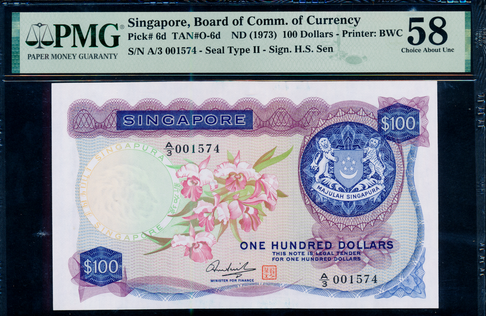 Singapore Orchid series $100 A/3 001574 PMG 58. | Monetarium